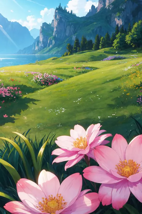 (masterpiece, best quality, glowing light, ultra detailed), grass, scenery, flower, anime footage