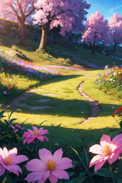 (masterpiece, best quality, glowing light, ultra detailed), grass, scenery, flower, anime footage