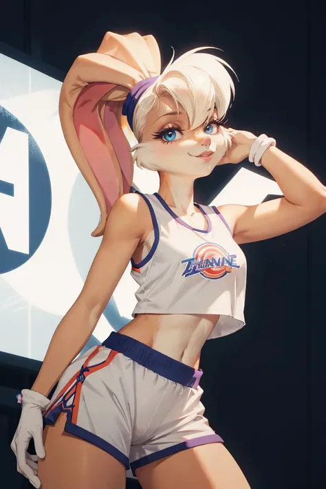 <lora:lola-v1:1>,lolabunny,furry female anthro,olduniform,basketball uniform,white shirt,white tank top,white shorts,logo on shirt,logo on tank top,midriff, manly, long hair, front shot, highly detailed, eerie,4k, octane render