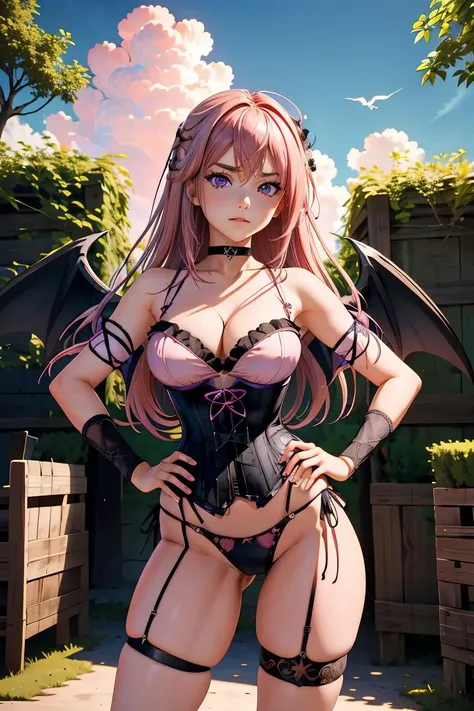 masterpiece,  best quality, intricate, absurdres,  cowboy shot, 1girl, solo,  detailed background,  <lora:Firika_Mia_Shatana:1>, Firika, pink hair,  purple eyes,  black wings, corset, (innerboob), large breasts, collar, armband, high collared shirt, collar...