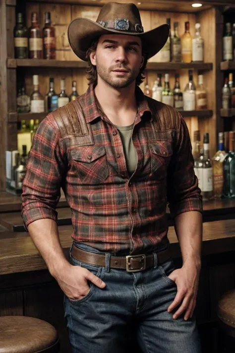 a close up of a man in a cowboy hat standing in front of a bar