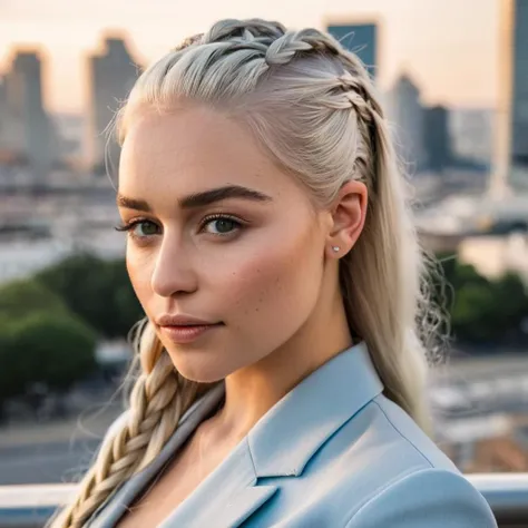 (Skin Texture, pores, natural,iPhone,RAW)), natural lighting, Highest Quality (closeup) Portrait photo of a woman with long braided platinum blonde hair,  Nikon Z9, realistic matte skin,  blurry city in the background, 8K, looking straight at the camera,  ...