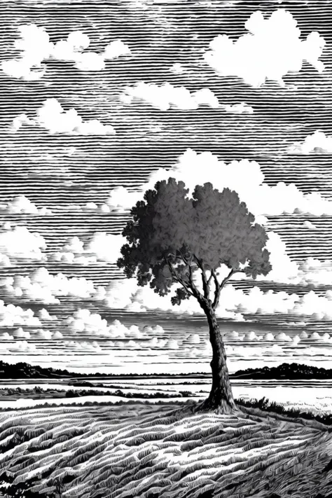 a black and white drawing of a lone tree in a field