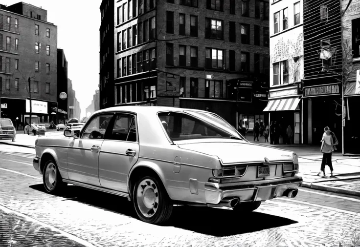 banhua, girl, car, street,  newyork,   <lyco:banhua-000003:1.0>,best quality,masterpiece, monochromatic printmaking,