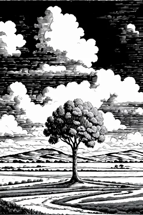 a black and white drawing of a tree in a field