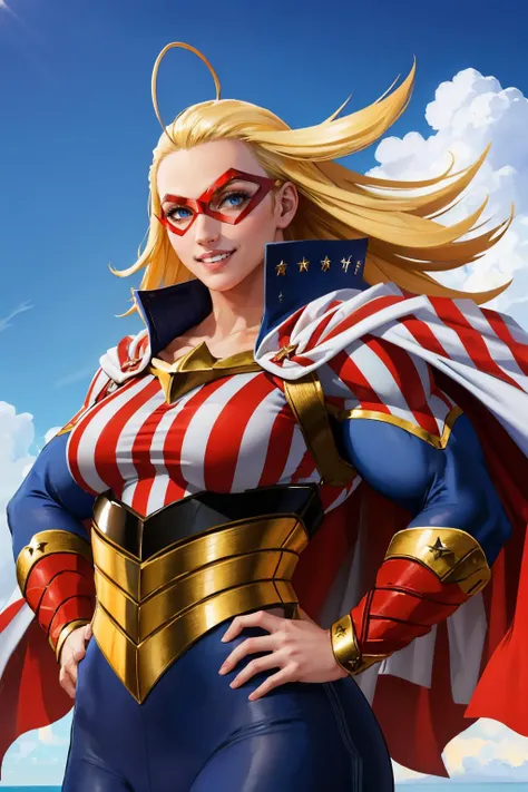 a woman in a patriotic outfit and cape standing on a beach