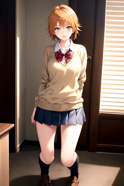 <lora:yuusaki_riko:1> yuusaki_riko, (hyper extreme detailed), (masterpiece), (hyper extreme), (photorealistic), CG, (colour:1.1), beautiful lighting, light from the front, solo, 1girl, full body, orange hair, short hair, yellow eyes, school outfit, sweater