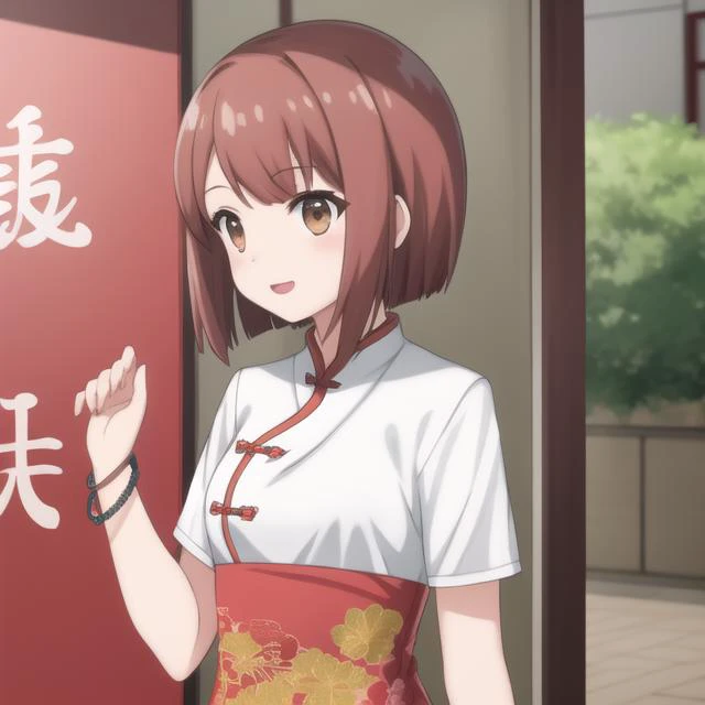 anime girl in a red and white dress standing in front of a red door