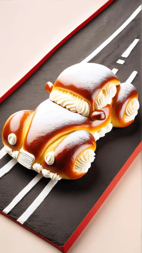 there is a cake shaped like a car on a black plate