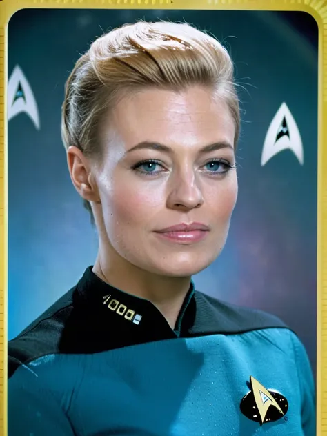 JeriR07, (upper body portrait) photo of a 25yo blonde woman posing as 7of9 from Star Trek, everything (combed behind:1.2) to a French Twist haircut, (detailed skin:1.2), dimpels, (freckles:0.2), skin imperfections, skin texture, (wearing a Star Trek starfl...