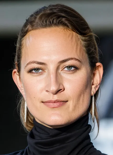 a close up of a woman with a black turtle neck top