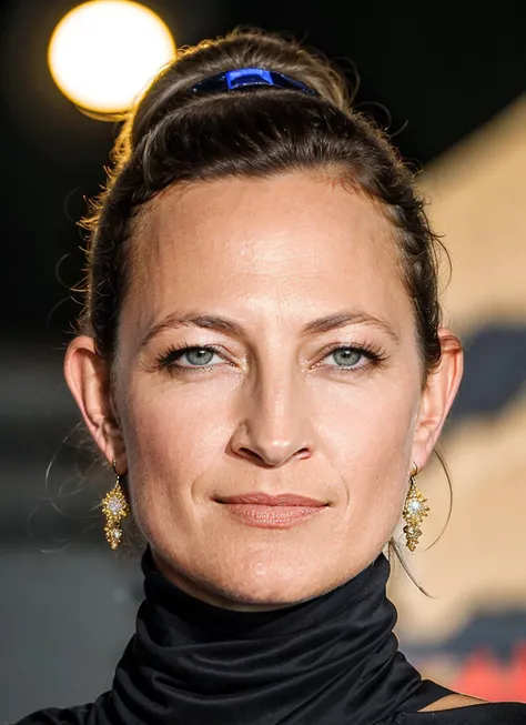 a close up of a woman with a blue bow in her hair