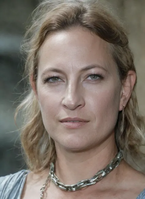 a close up of a woman with a necklace on her neck