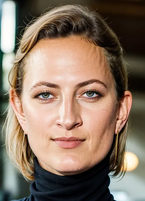 arafed woman with a black turtle neck and earrings looking at the camera