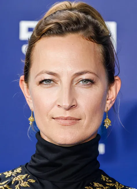 a close up of a woman with a black turtle neck top