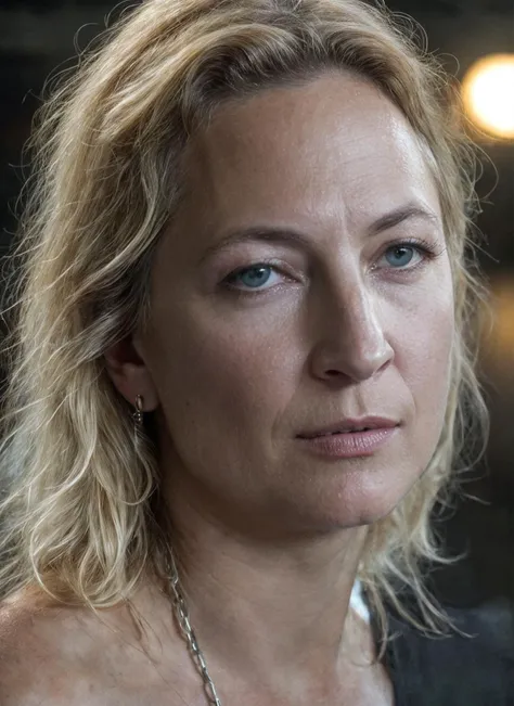 blond woman with blue eyes looking at camera in dark room