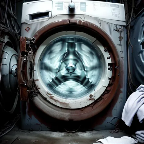 there is a washing machine with a picture of a man in a face