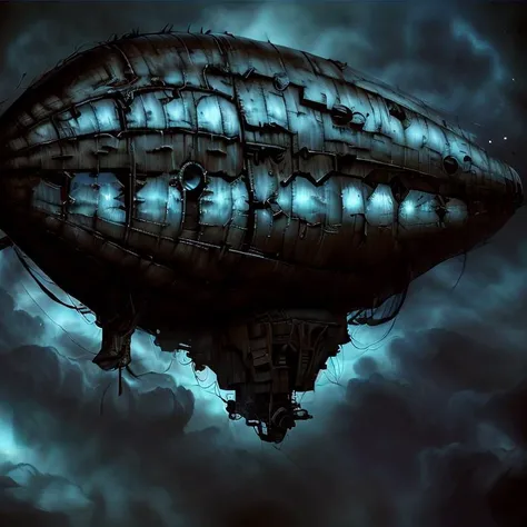 a close up of a large ship floating in the sky