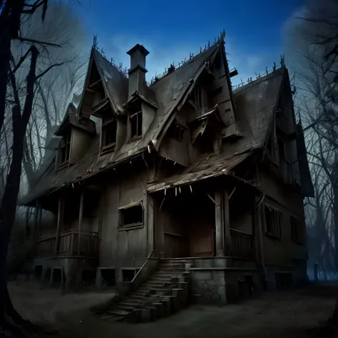 a close up of a creepy house with a staircase leading to it