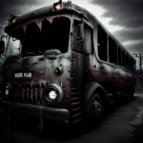 an old bus with a creepy face is parked in a dark area