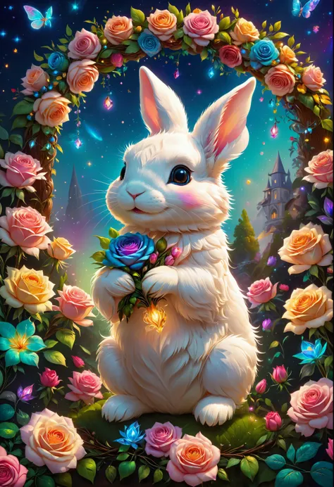 a white rabbit sitting in a flowered frame with roses