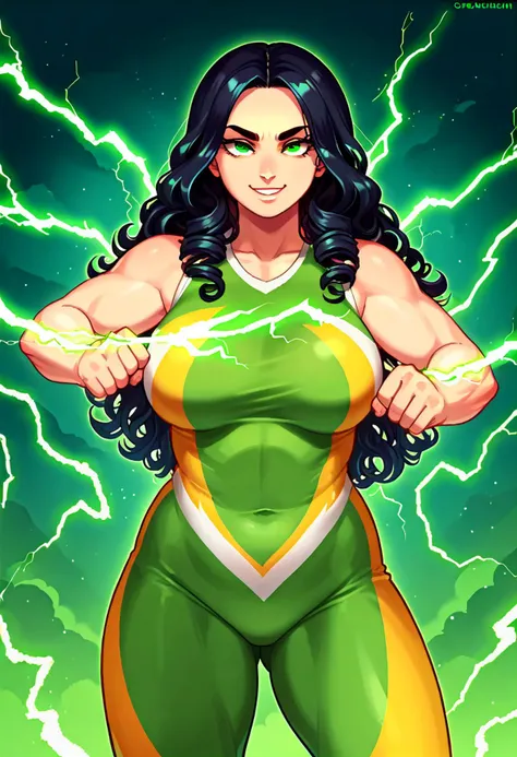 a woman in a green and yellow outfit with lightning coming out of her chest