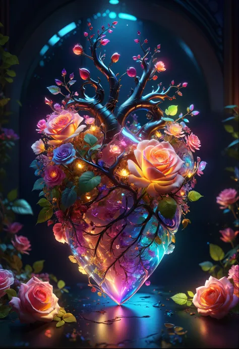 a heart with flowers and branches in it surrounded by flowers