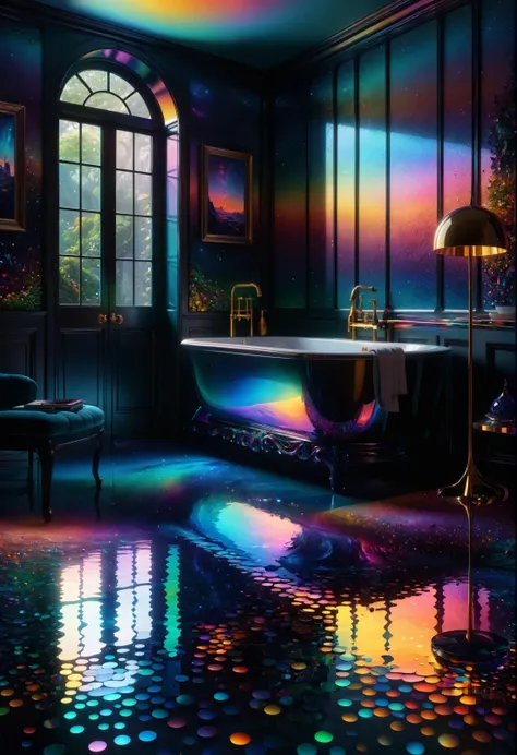 a close up of a bath tub in a room with a rainbow light