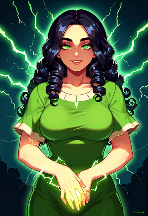 a cartoon of a woman in a green dress with lightning coming out of her eyes