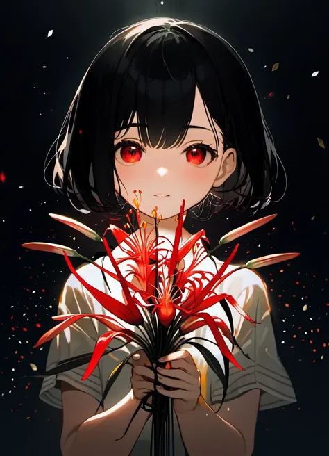 anime girl with red eyes holding a bouquet of flowers