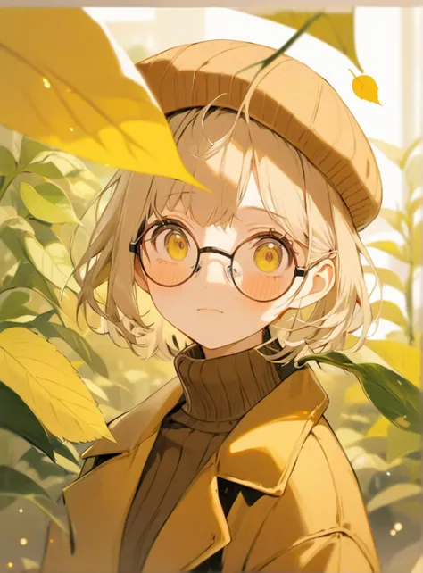 anime girl with glasses and a hat standing in a field