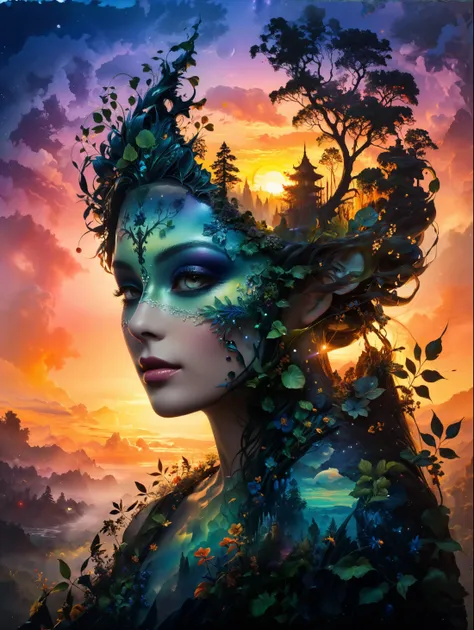 a woman with a tree on her head and a sunset behind her