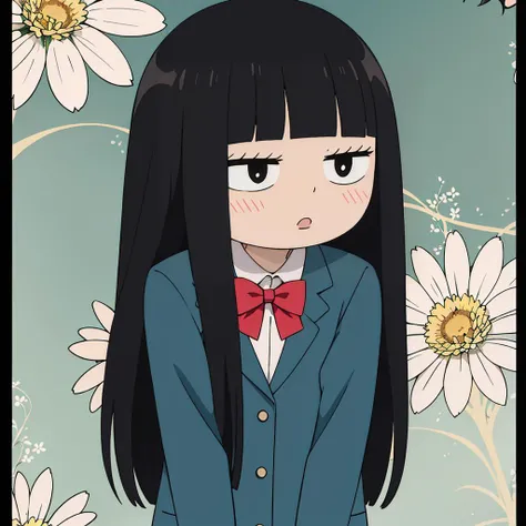 <lora:SawakoV1:0.7>,
chibi sawako,chibi,black hair,long hair,blunt bangs,black eyes,hime cut,
school uniform,blazer,white shirt,red bowtie,collared shirt,long sleeves,
floral background,