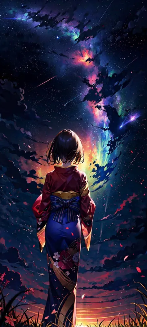 1girl, distant girl wearing a kimono staring at the stars, (zoomed out:1.1), (meteor shower:1.2), (comet:1.1), your name, low angle, from behind, aroura borealis, shooting star, yukata, red kimono, cherry blossoms, standing in a field,best quality, masterp...