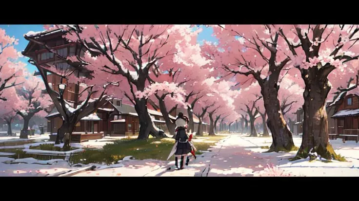 a picture taken from a video game of a woman walking down a snowy path