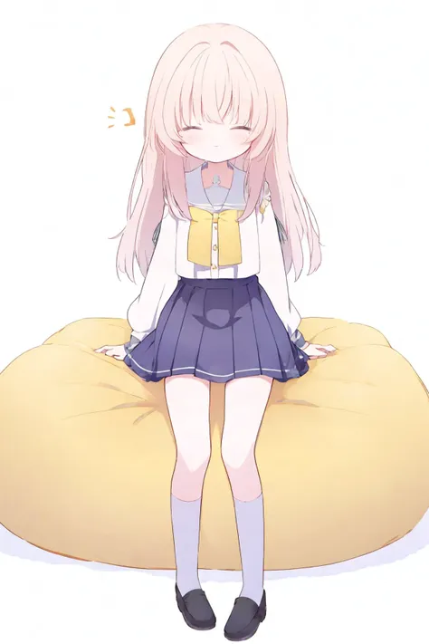 anime girl sitting on a bean bag with her legs crossed