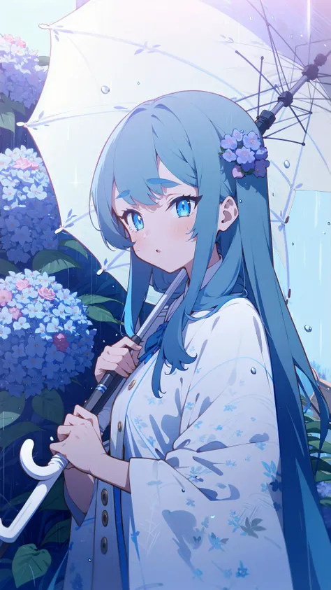 1girl, solo, <lora:BArtstyleREv3-Silicon29-Lion:0.8>, grey theme, holding umbrella, hydrangea, parasol,rain, red umbrella, shared umbrella, transparent, transparent umbrella, 1girl, flower, snail,holding, raincoat, solo, long hair, teruterubouzu,very long ...