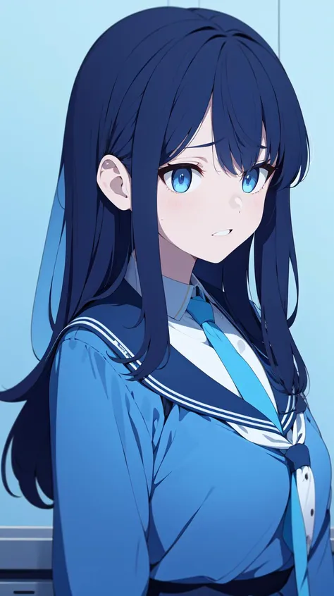 anime girl with long black hair and blue eyes in uniform