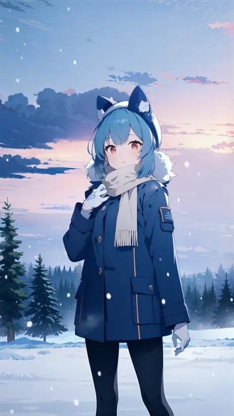 1girl, solo, <lora:BArtstyleREv3-CF3-Lion:0.7>,grey theme, Snow Combat Uniform, snowing, scarf, 1girl, blue hair, winter, red eyes, cloudy sky, snow, fog, forest, horizon, standing, fur hat