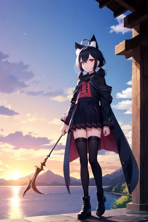 1girl, flat chest, short hair, black hair, ahoge, messy hair, payot, twintails, short twintails, animal ears, animal ear fluff, bat ears, bangs, hair between eyes, bat hair ornament, expressionless, empty eyes, red eyes, glowing eyes, black thighhighs, zet...