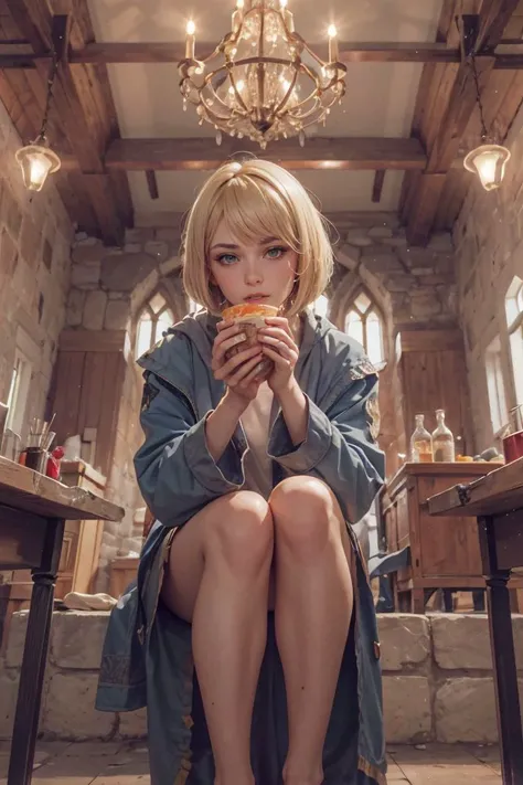 1girl, 22 yo, (blond hair:1.4), light-gold eyes, (neat-combed pixie bob haircut), loose clerics robe, blue jacket, barefoot, feather pattern on thigh and knees,
eating bufflo chicken wings, hot sauce, sitting high, low angle view, ceiling,
dining hall, dun...