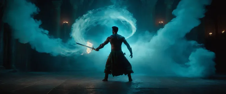 cinematic film still, A silhouetted figure emerges from a swirling vortex of smoke, flames, and darkness. The genies eyes blaze with fury, and his arms are outstretched, gripping a gleaming sword. The film still captures a pivotal moment in the dark fantas...