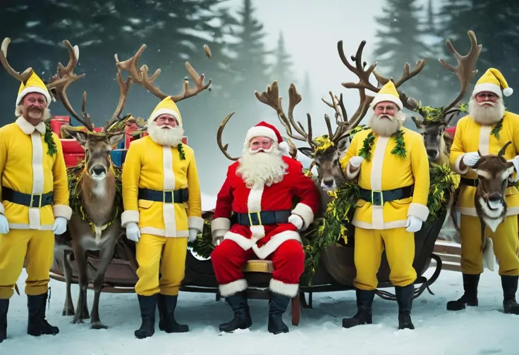 Santa and his helpers dressed in yellow, at the north pole, Mistletoe Mercenaries, reindeer, sleigh,