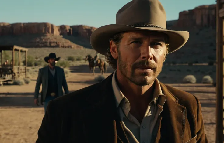 a man in a cowboy hat standing in a desert with other men