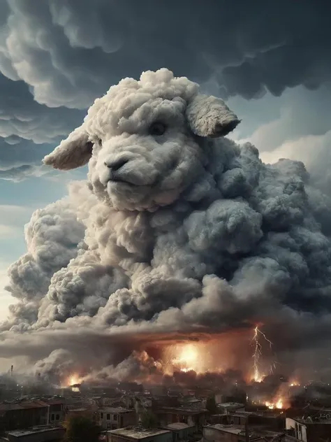 a close up of a sheep in the air with a cloud of smoke