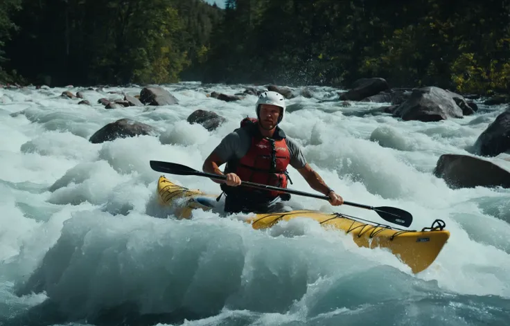 Dutch Angle of , directed by directors cinemastyles, Kayaker navigating whitewater rapids, water droplets suspended in the air.