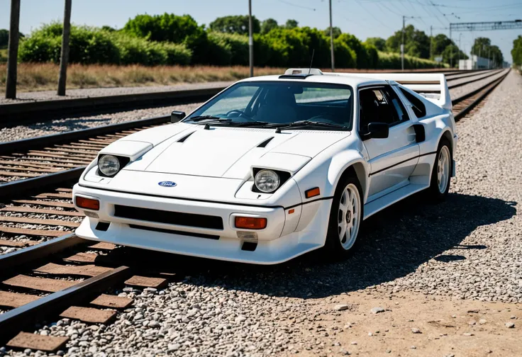 A white 1986 Ford RS200 sports car is parked on the railroad tracks, its sleek design and pop-up headlight standing out against the gravel. The cars black roof and red interior add a pop of color to the scene.