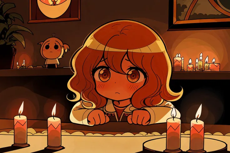 eye-level shot of a Chibi 1970S, feeling very grateful, her hair is Brown, Panorama, Flustered, Candle light, F/1.8, sunbeam, (comics art stylized by Asaf Hanuka:0.9) , (Leanne Surfleet:1.2)