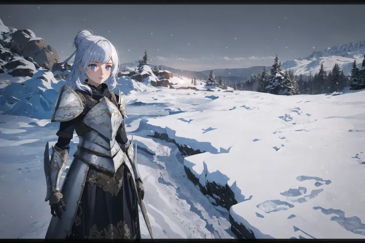 (intricate details), (hyperdetailed), 8k hdr, high detailed, lot of details, high quality, soft cinematic light, dramatic atmosphere, atmospheric perspective,
 1girl made out of snow and ice, cold, snow, armor,