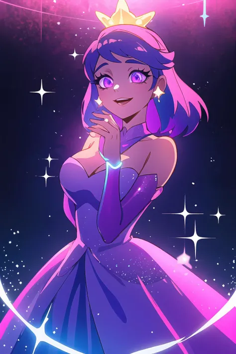 best quality, dark, cinematic film still, 8k, masterpiece, best quality, disney cartoon, beautiful disney princess wearing a magical sparkling dress, glowing purple and pink sparkles